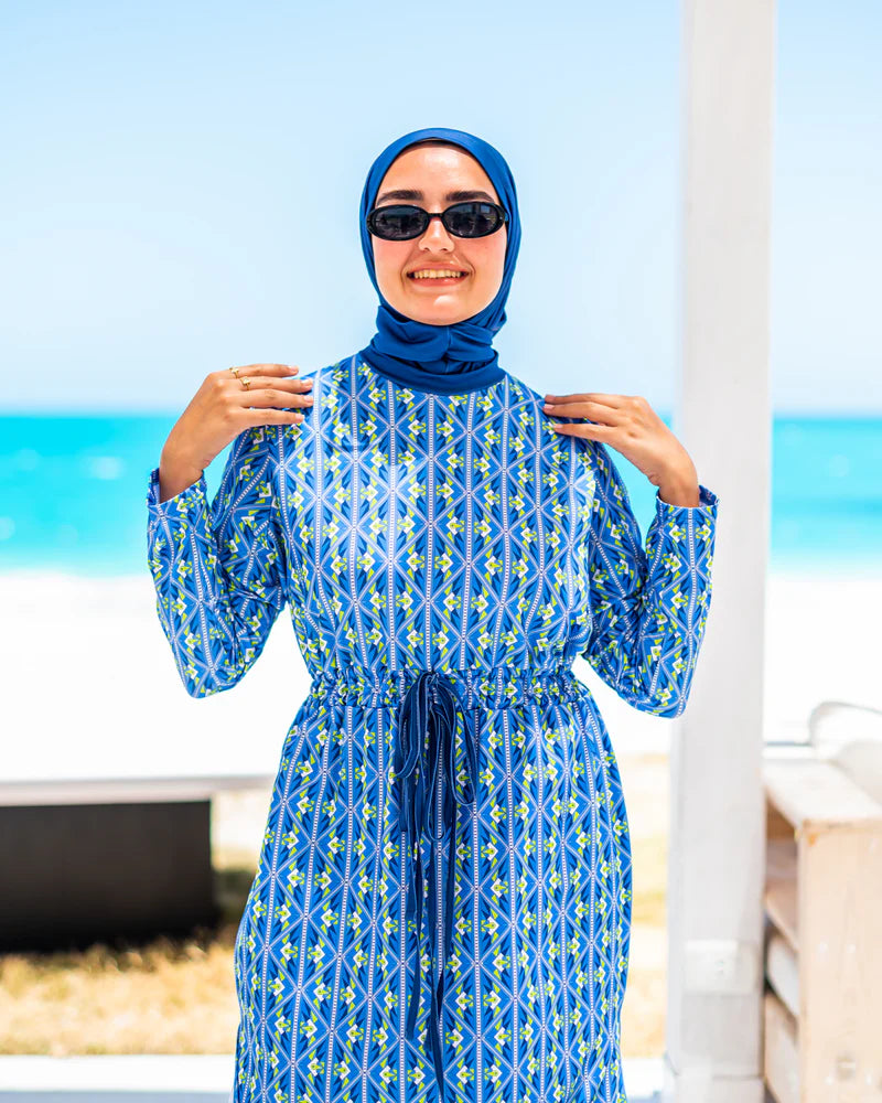 Printed Drawstring Burkini - New Blue