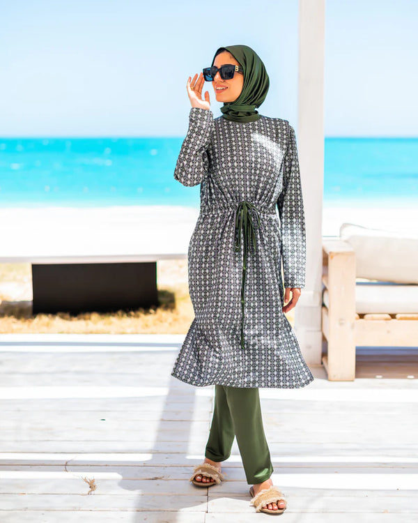 Printed Drawstring Burkini - Olive