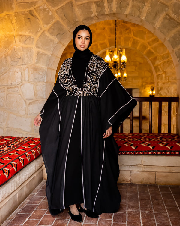 Belted Embroidered Kaftan - Black