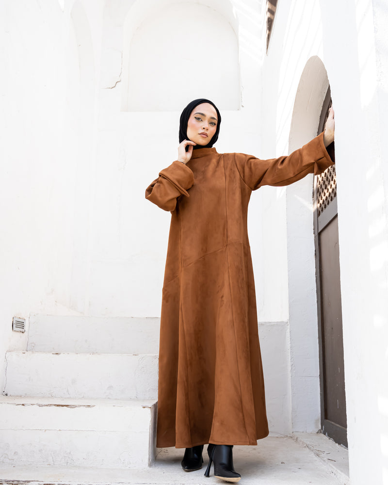 Boat Neck Suede Dress - Brown