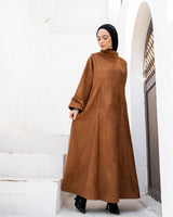 Boat Neck Suede Dress - Brown