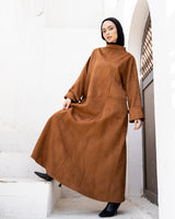 Boat Neck Suede Dress - Brown