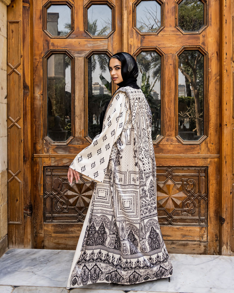 Edged Shoulder Printed Kaftan-Beige