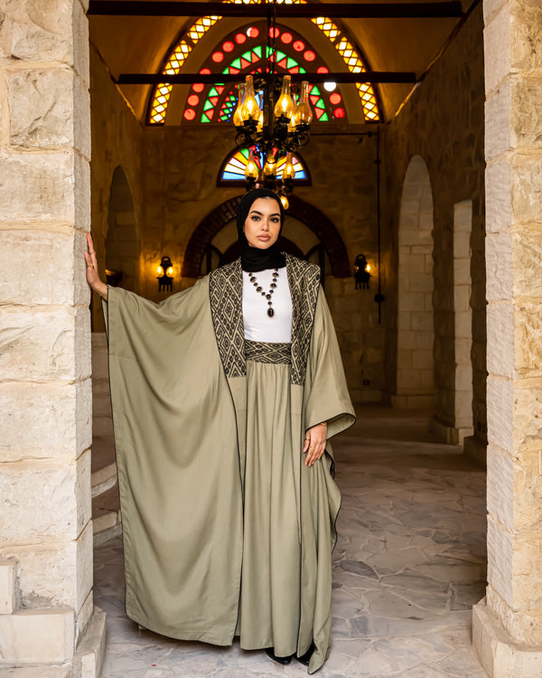 Linen Skirt With Etamin Belt - Olive