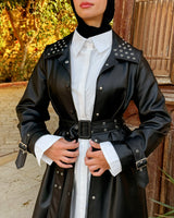 Eyelets Leather Coat - Black