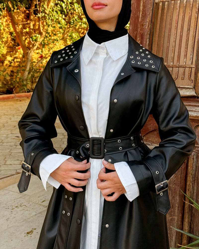 Eyelets Leather Coat - Black