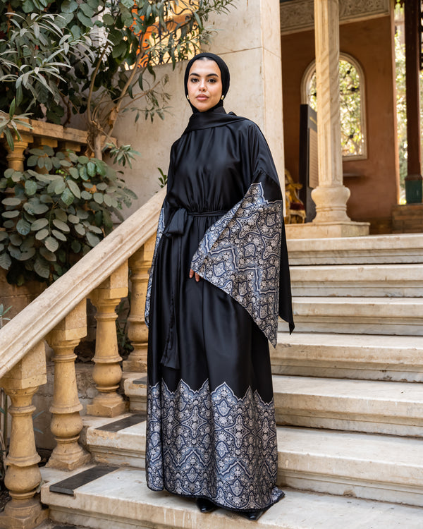 Flag Sleeves Dress With Shawl - Black