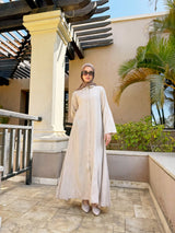 Linen Top-Stitched Dress - Beige