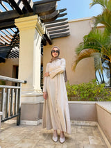 Linen Top-Stitched Dress - Beige