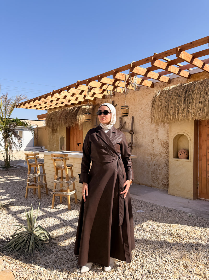 Belted Drapes Dress - Brown