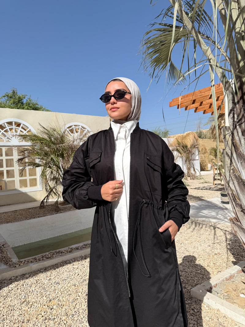 Ruched Sleeves Gabardine Coat - Black