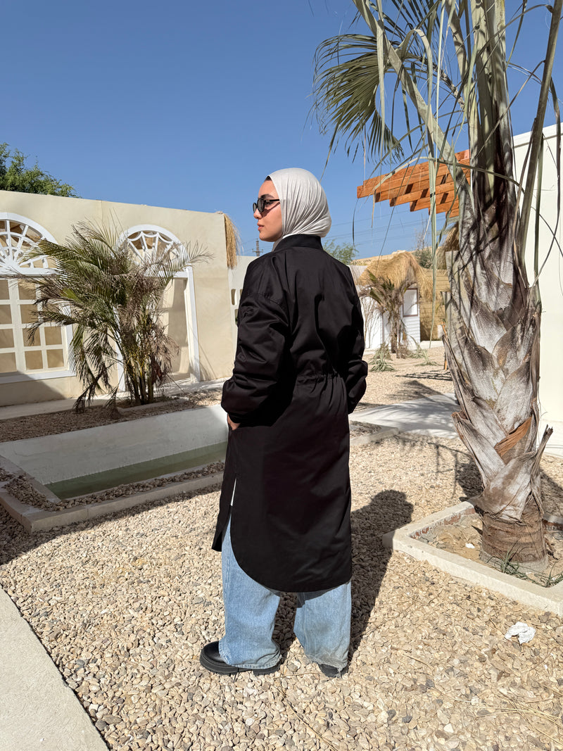 Ruched Sleeves Gabardine Coat - Black