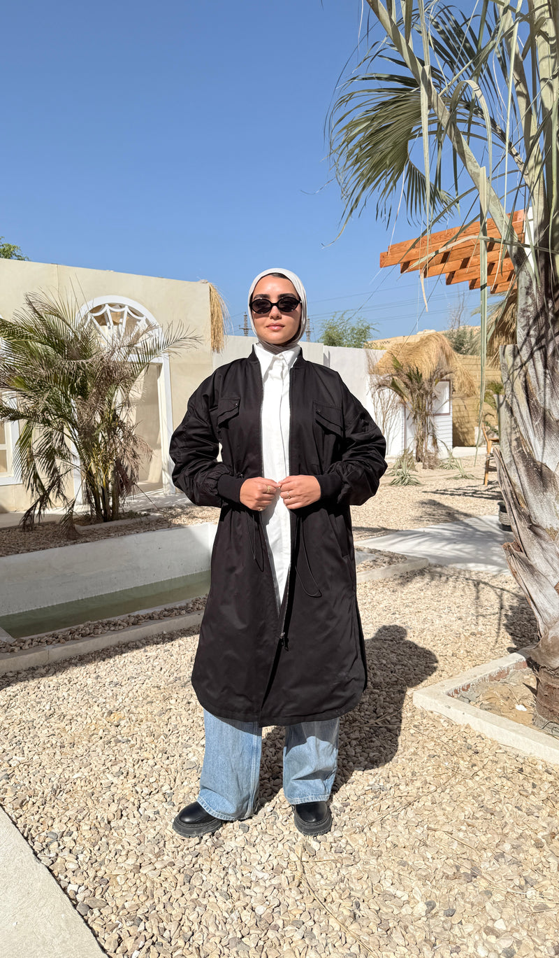 Ruched Sleeves Gabardine Coat - Black