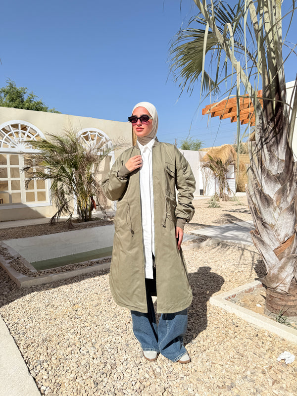 Ruched Sleeves Gabardine Coat - Olive