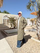 Ruched Sleeves Gabardine Coat - Olive