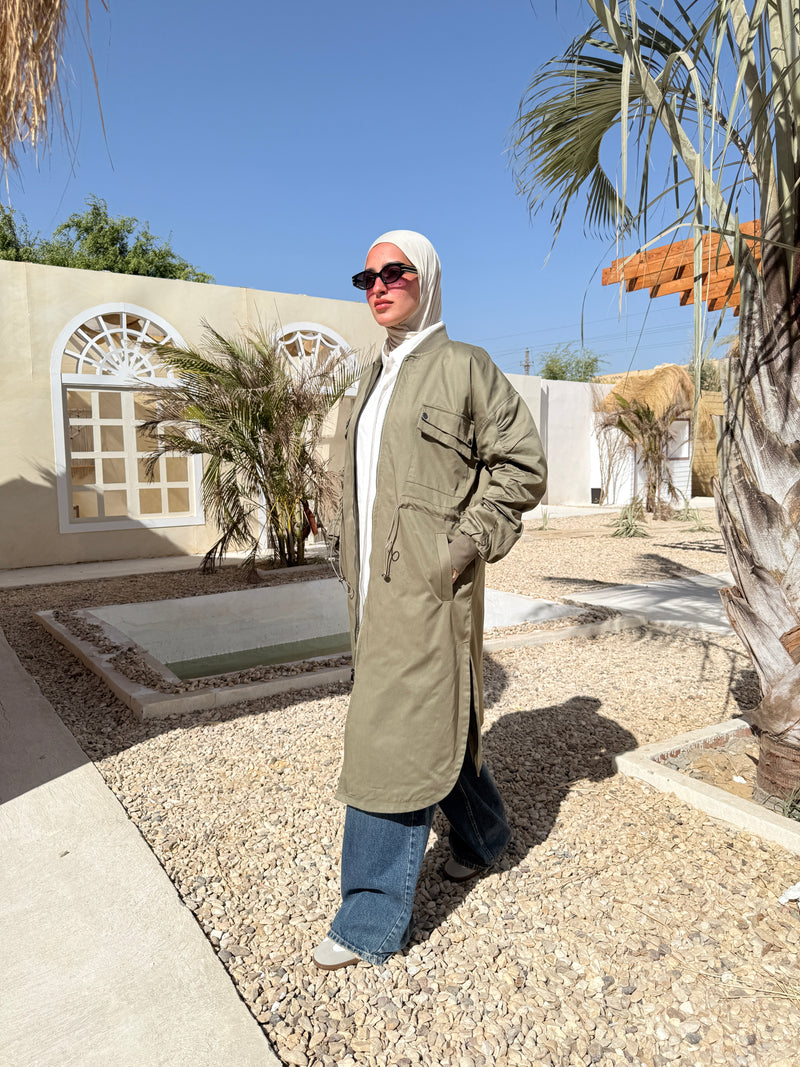 Ruched Sleeves Gabardine Coat - Olive