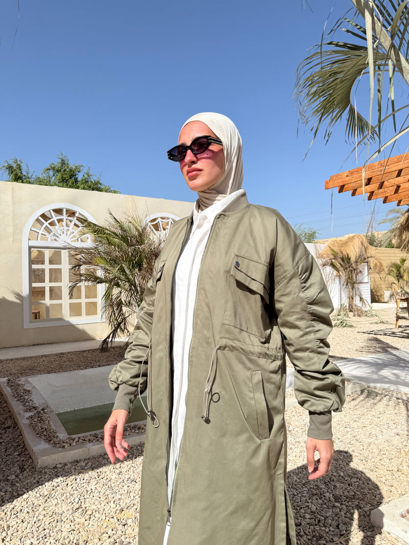 Ruched Sleeves Gabardine Coat - Olive