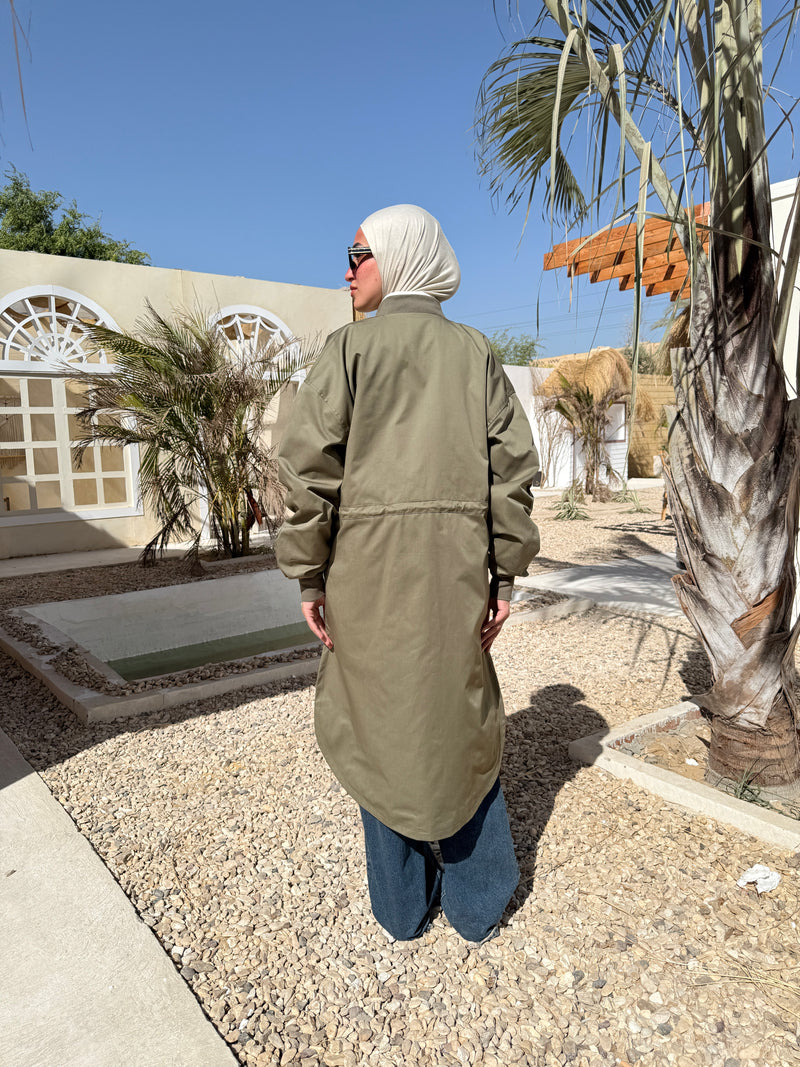 Ruched Sleeves Gabardine Coat - Olive