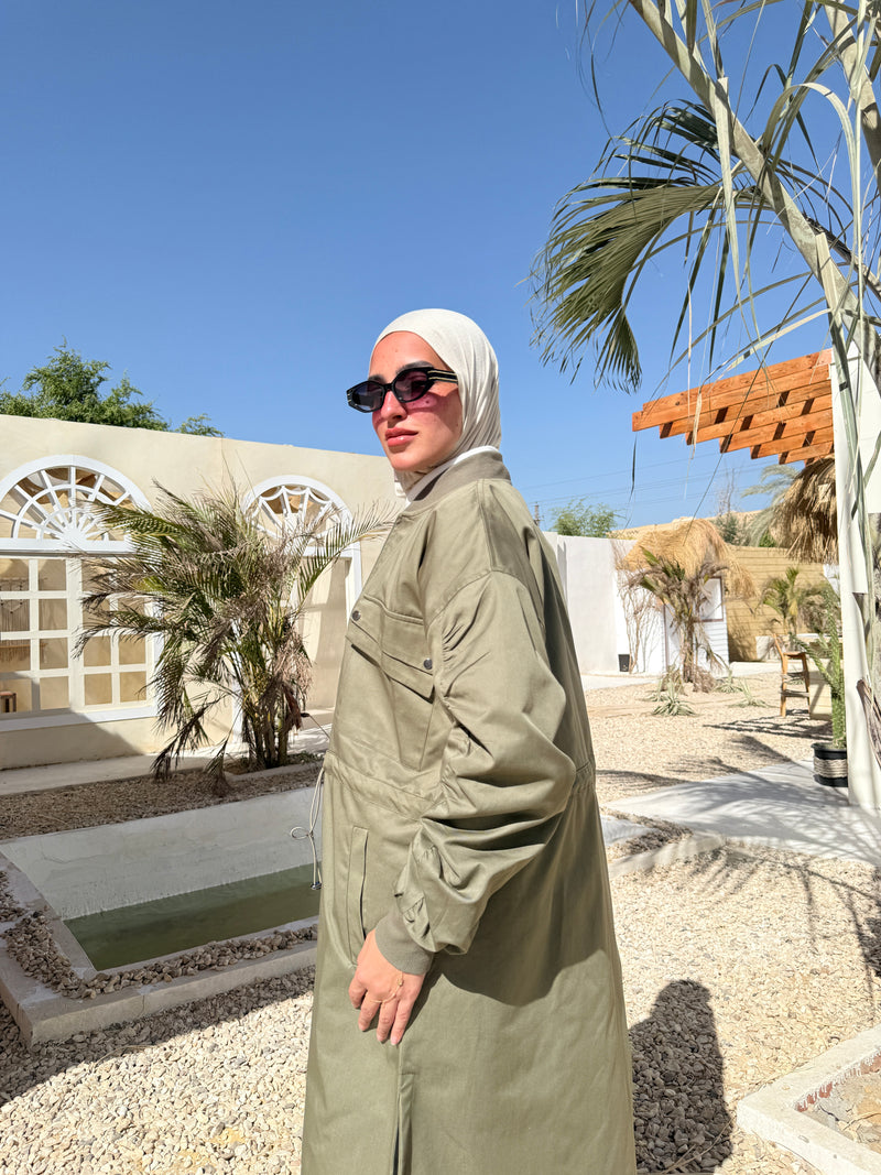 Ruched Sleeves Gabardine Coat - Olive