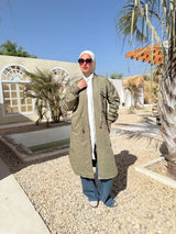 Ruched Sleeves Gabardine Coat - Olive