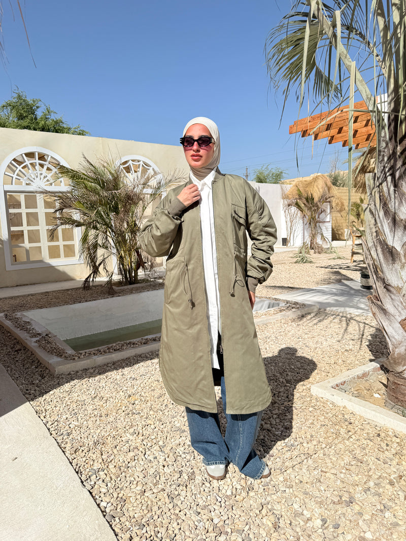 Ruched Sleeves Gabardine Coat - Olive