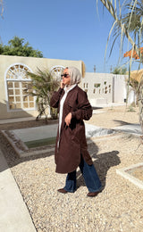 Ruched Sleeves Gabardine Coat - Brown