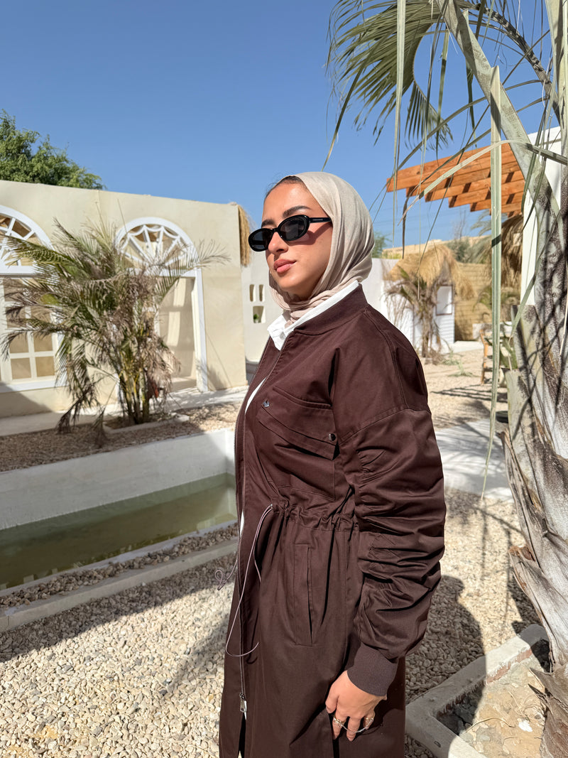 Ruched Sleeves Gabardine Coat - Brown