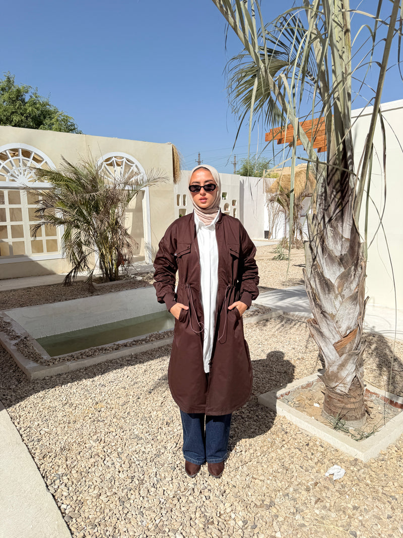 Ruched Sleeves Gabardine Coat - Brown