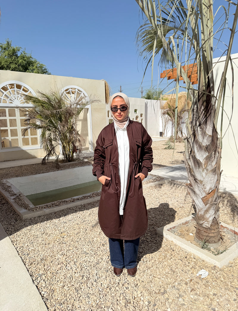 Ruched Sleeves Gabardine Coat - Brown