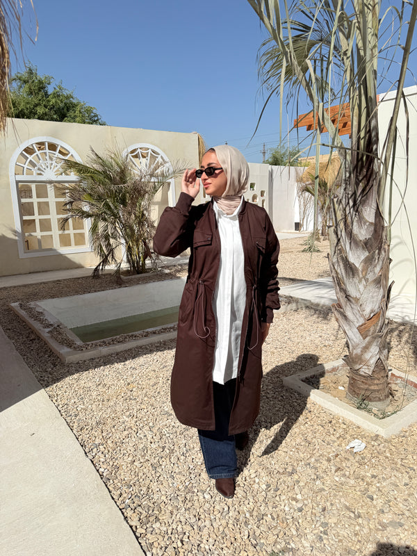 Ruched Sleeves Gabardine Coat - Brown