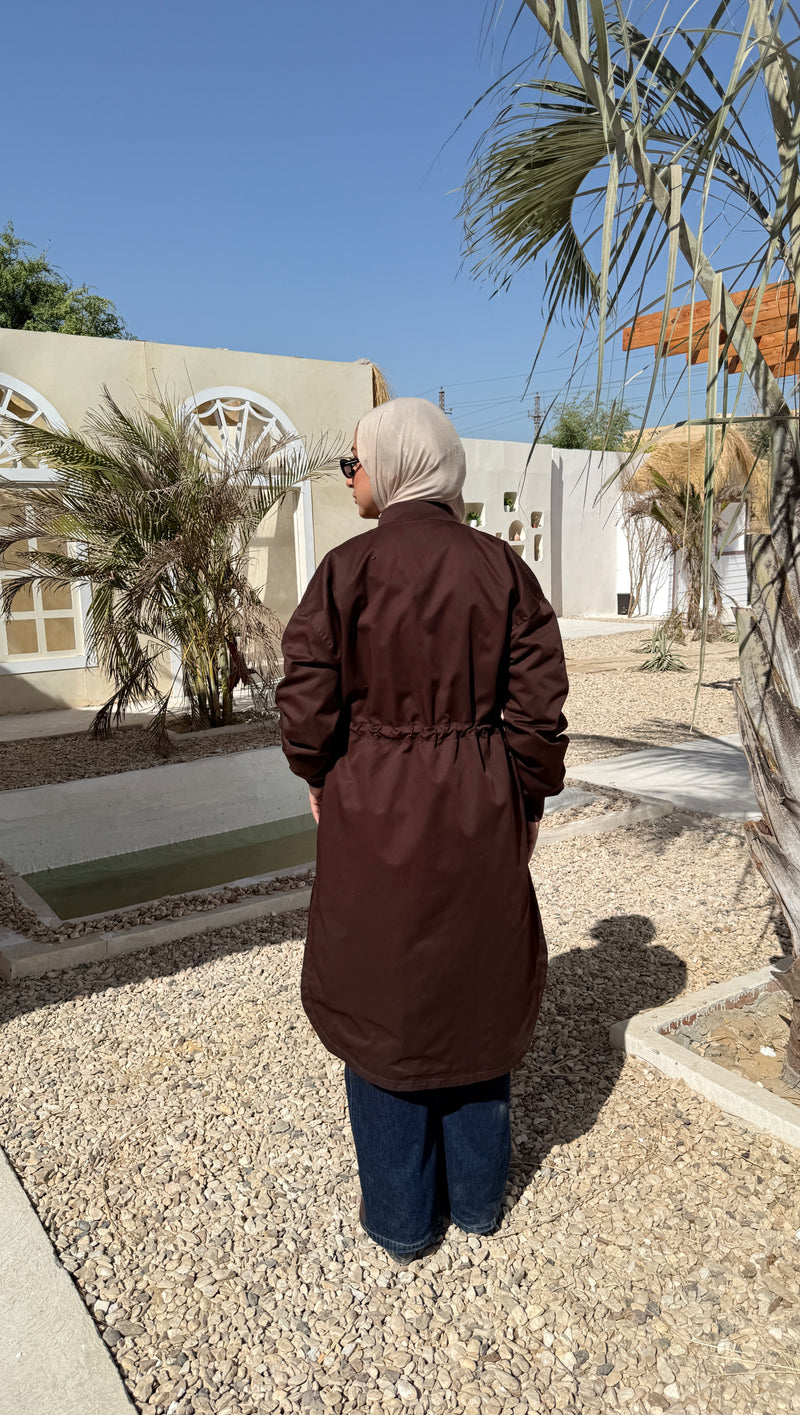 Ruched Sleeves Gabardine Coat - Brown