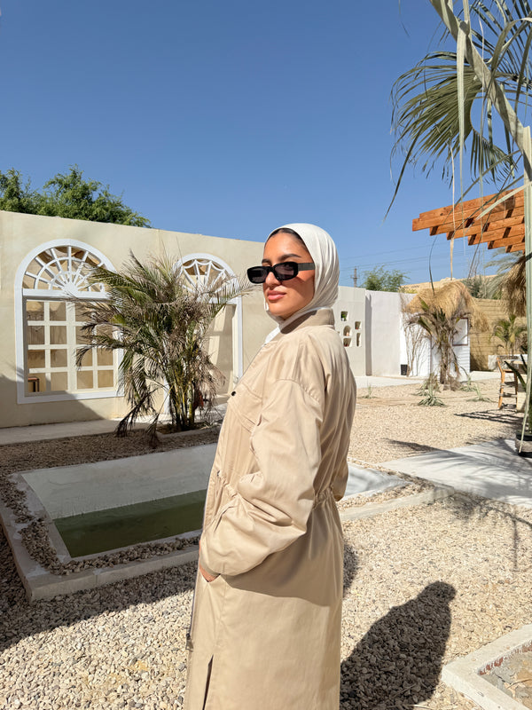 Ruched Sleeves Gabardine Coat - Beige