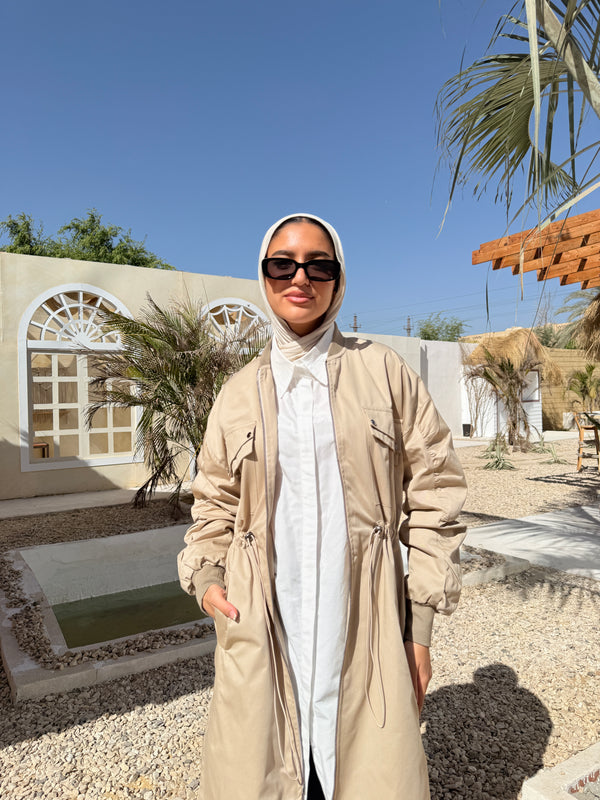 Ruched Sleeves Gabardine Coat - Beige