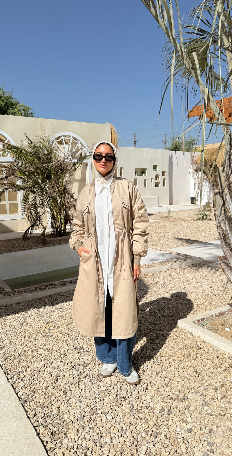 Ruched Sleeves Gabardine Coat - Beige