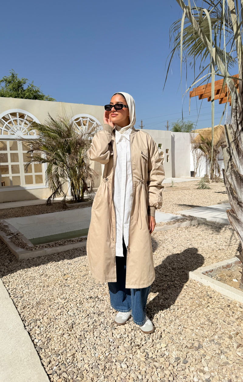 Ruched Sleeves Gabardine Coat - Beige