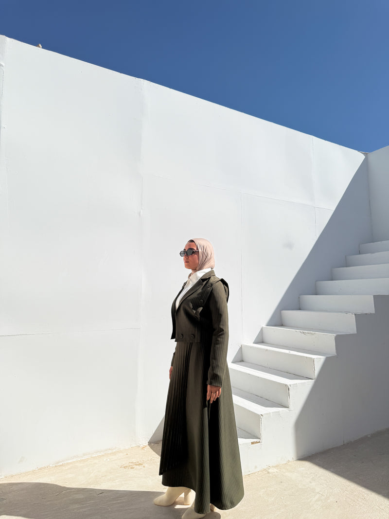 Double Layered Stripes Skirt - Olive