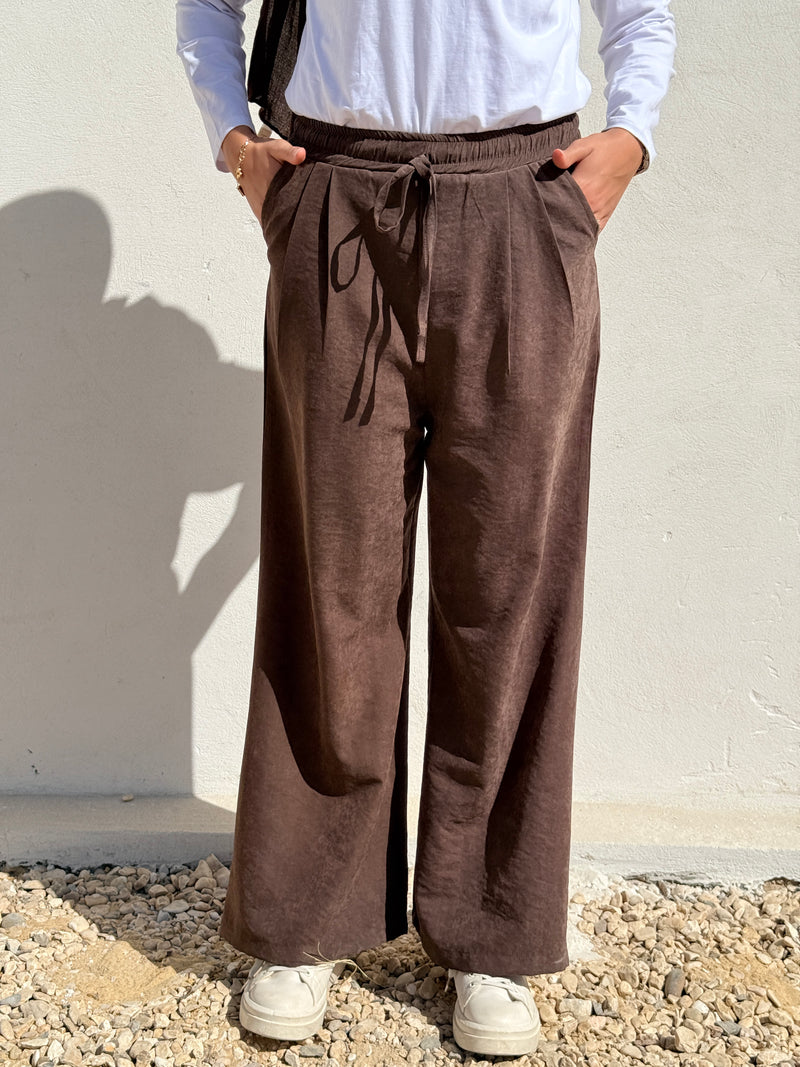 Drawstring Suede Pants - Brown