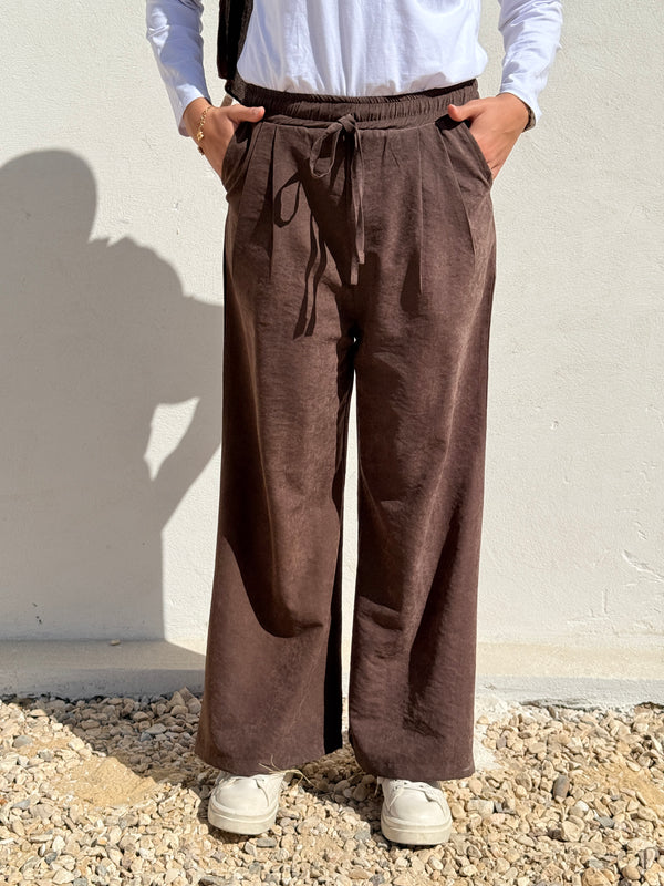 Drawstring Suede Pants - Brown