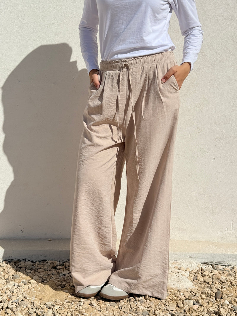 Drawstring Suede Pants - Beige
