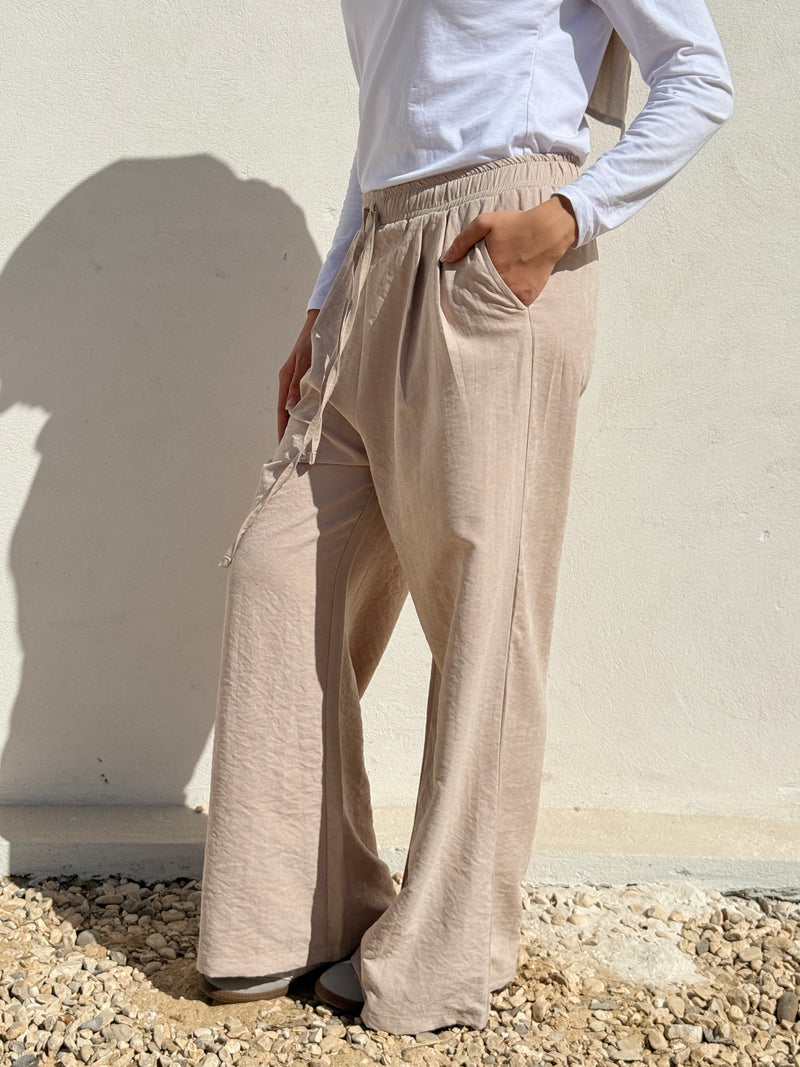 Drawstring Suede Pants - Beige