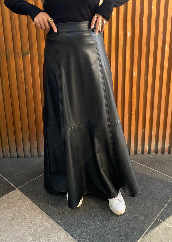 Top-stitched Leather Skirt - Black