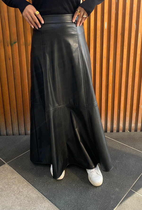 Top-stitched Leather Skirt - Black