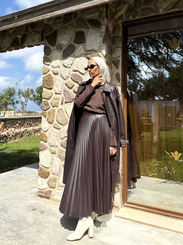 Eyelets Leather Coat - Brown