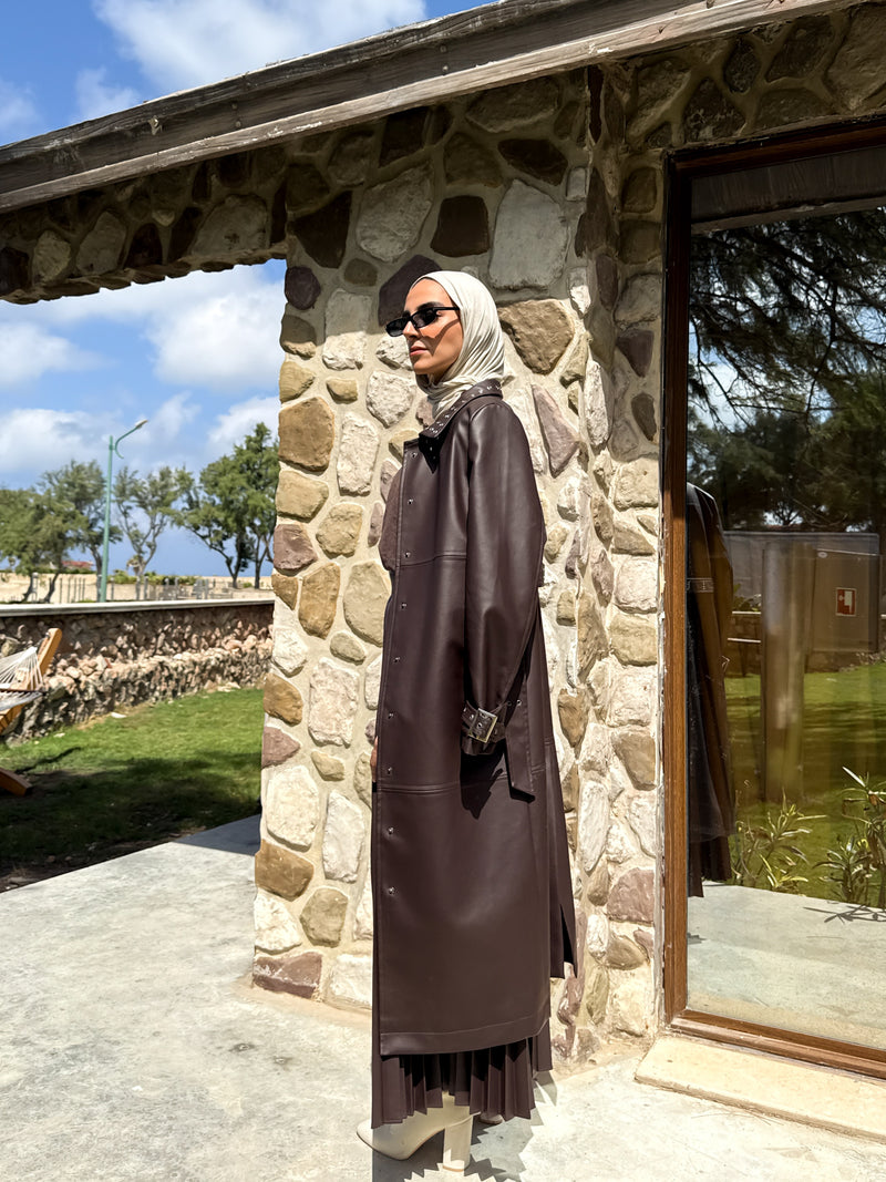 Eyelets Leather Coat - Brown
