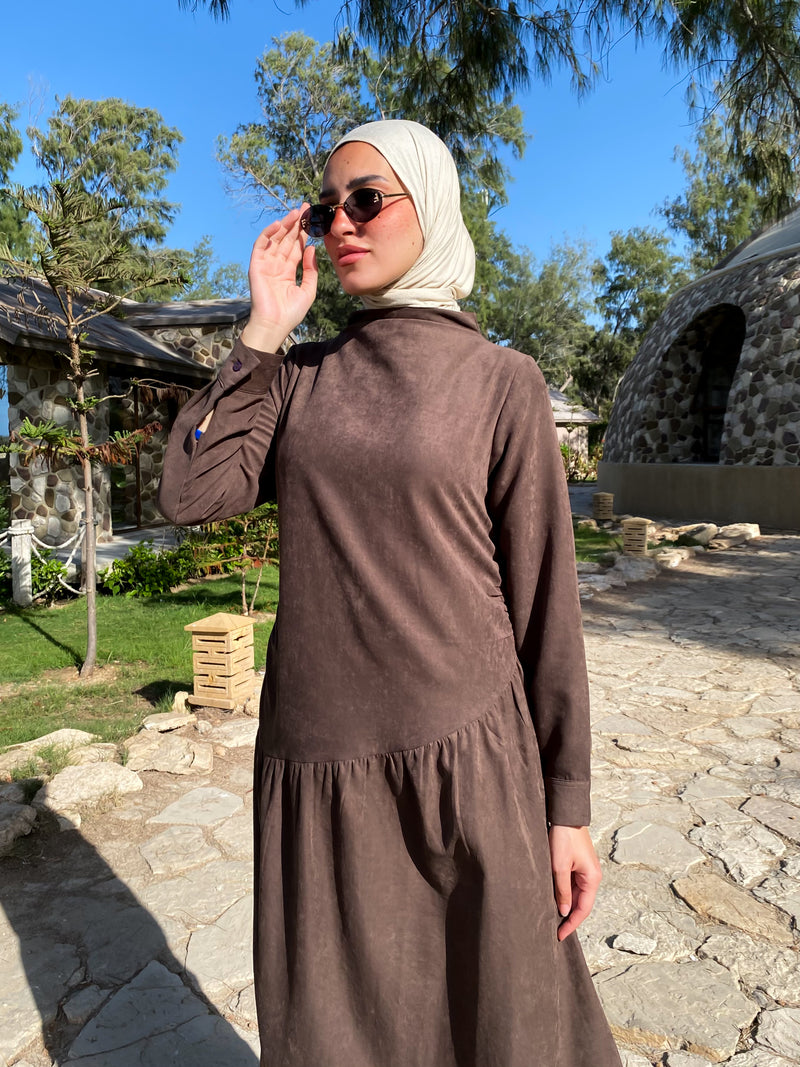 Side Gathered Suede Dress - Brown
