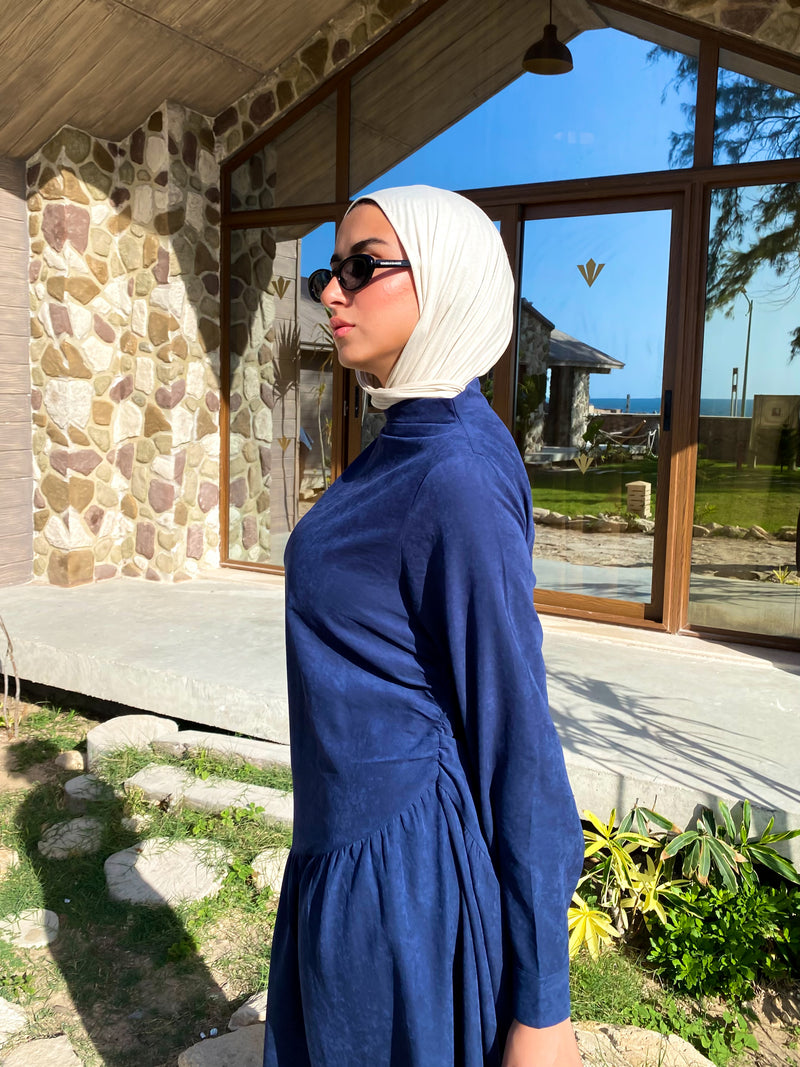 Side Gathered Suede Dress - Navy