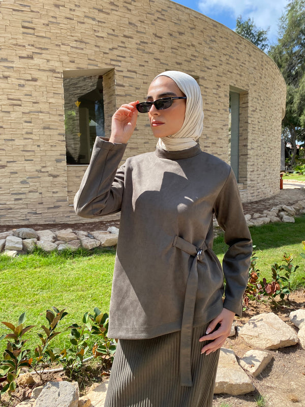 Suede Blouse With Buckle - Olive