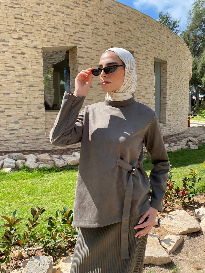 Suede Blouse With Buckle - Olive