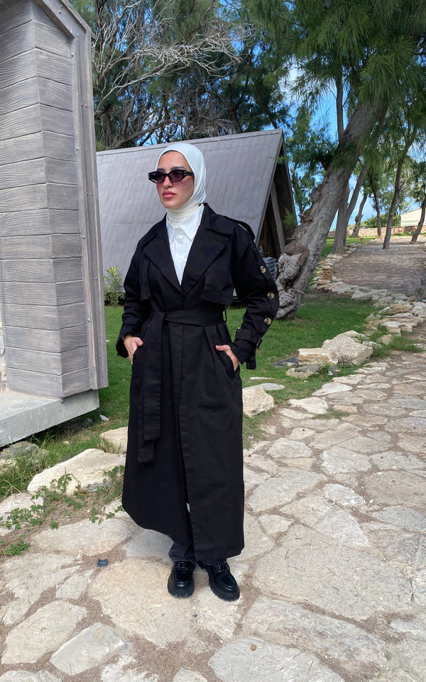 Buttoned Gabardine Coat - Black