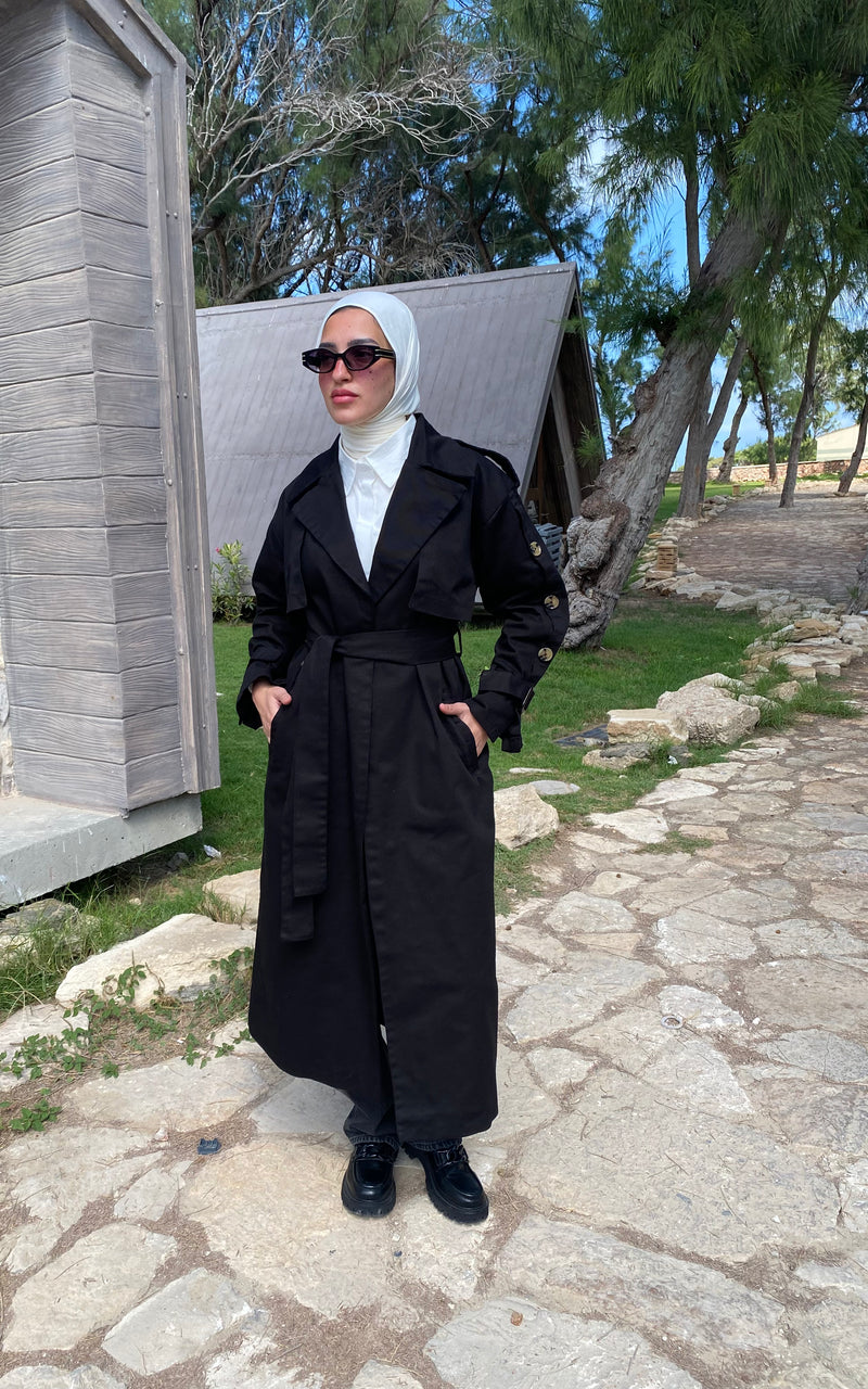 Buttoned Gabardine Coat - Black
